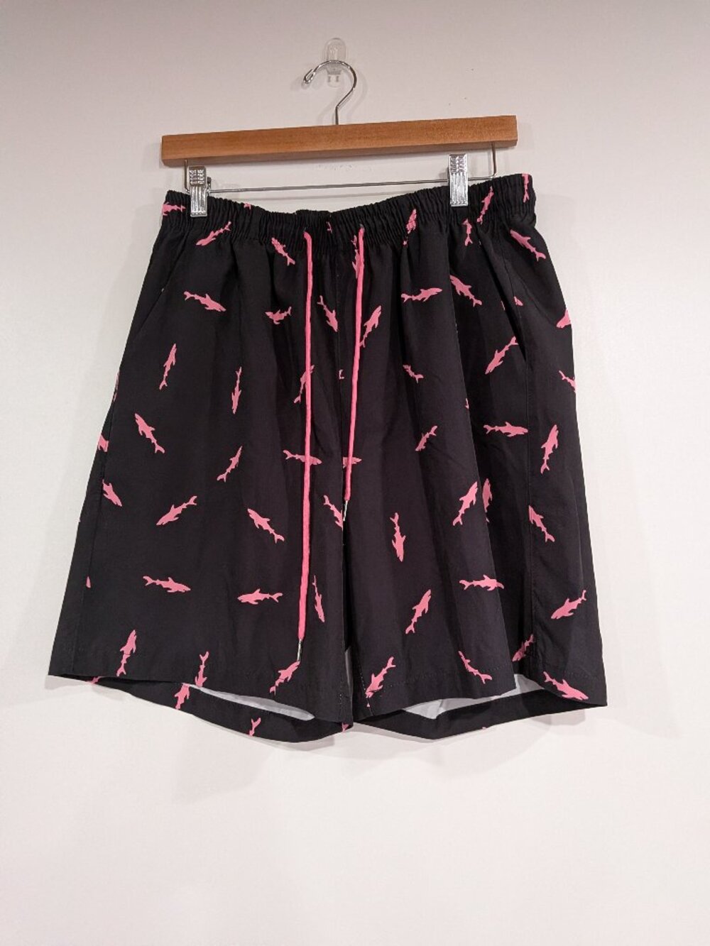 Unbranded Shark Patterned Swim Trunk with Liner Pink Black Size Large
